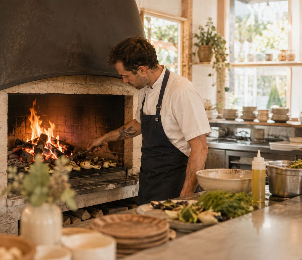 The wood-fired hearth at Alder & Ash